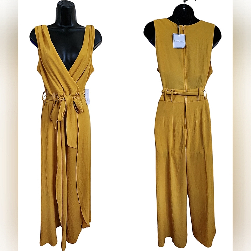 Sleeveless Wrap Jumpsuit with Tie Belt - Mustard
